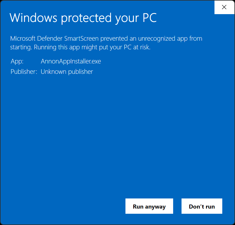 Windows protected your PC. Click Run anyway for AnnonAppInstaller.exe.