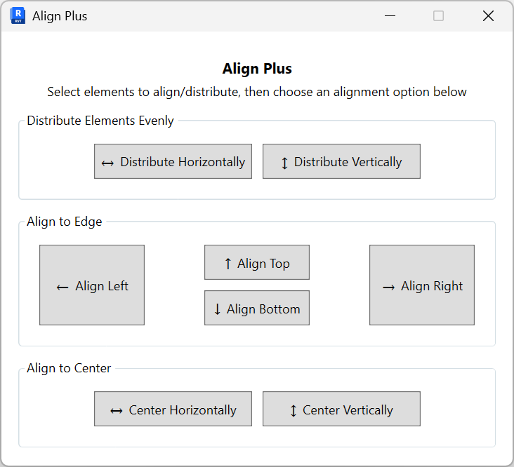 Align Plus dialog with options to select elements, choose alignment mode, and apply changes