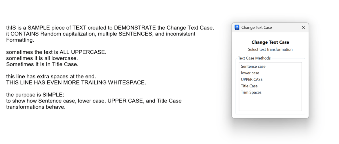 Change Text Case dialog listing methods: Sentence case, lower case, UPPER CASE, Title Case, Trim Spaces