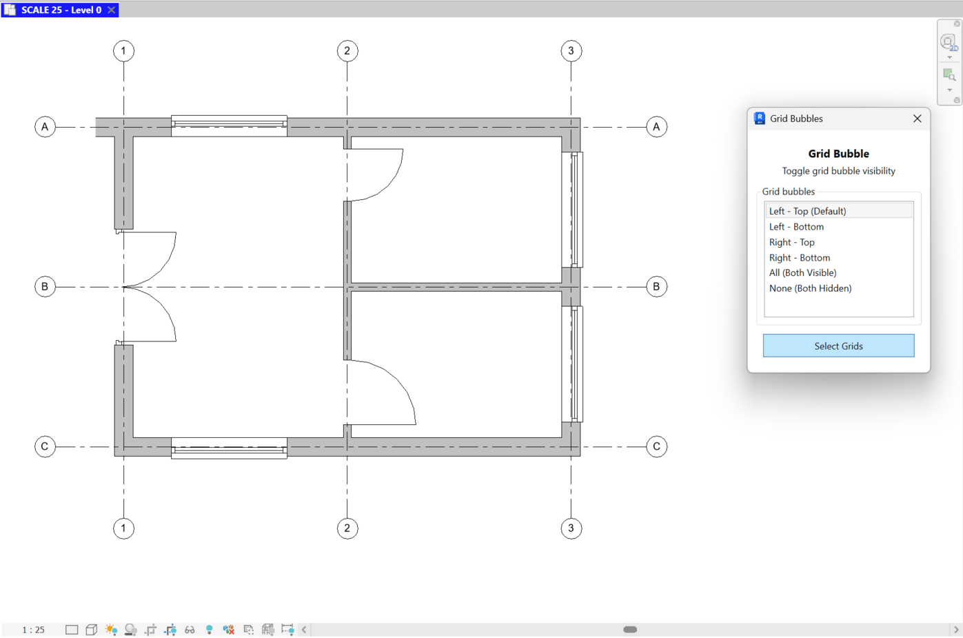 Grid Bubble dialog with options: Left - Top (Default), Left - Bottom, Right - Top, Right - Bottom, All (Both Visible), None (Both Hidden), and a Select Grids button