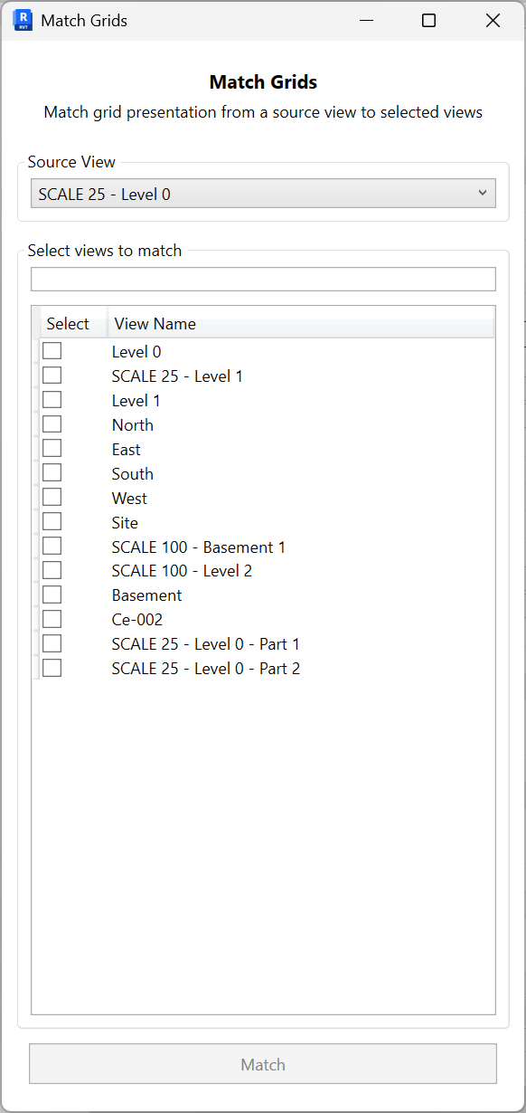 Match Grids dialog with a Source View dropdown, searchable list of views to match, checkboxes per view, and a Match button