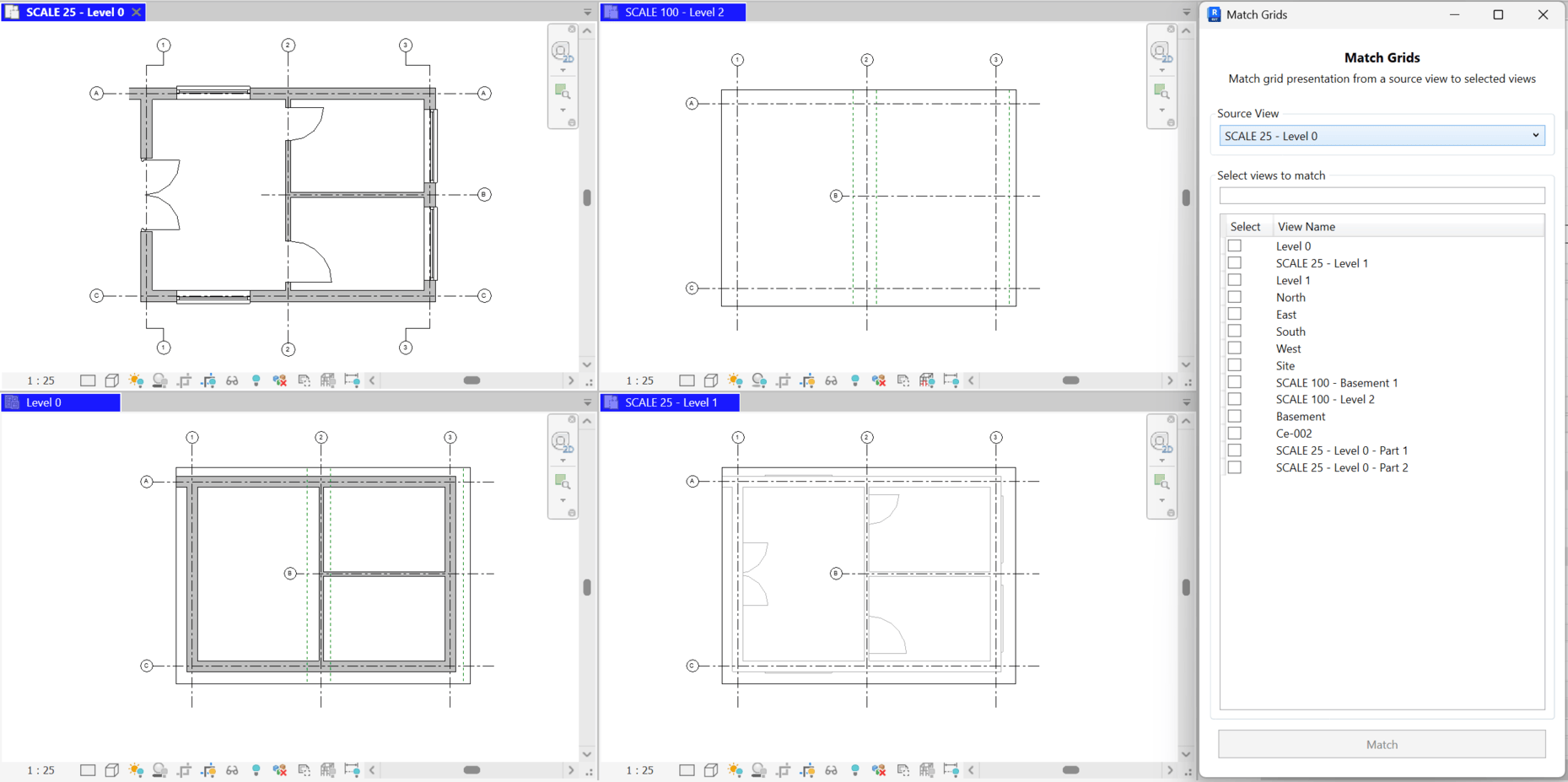 Match Grids dialog with a Source View dropdown, searchable list of views to match, checkboxes per view, and a Match button