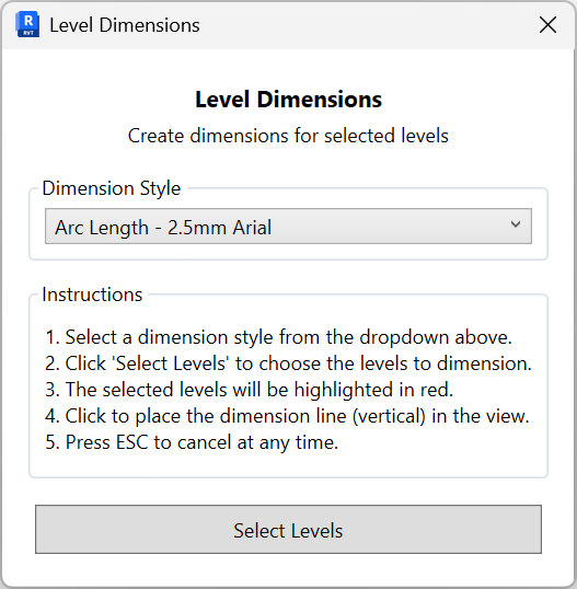 Level Dimensions dialog with a Dimension Style dropdown, instructions, and a Select Levels button