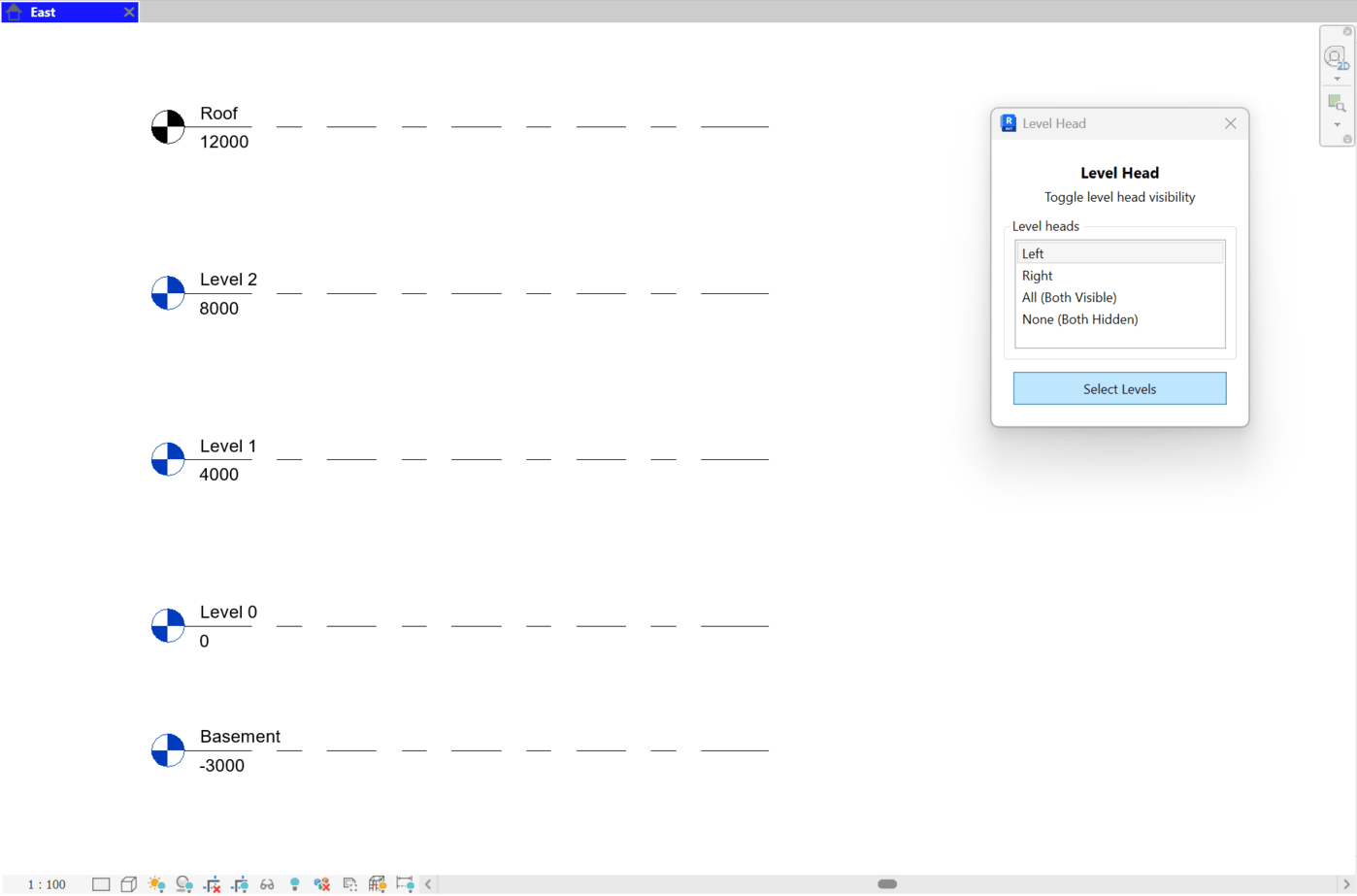 Level Head dialog with options: Left, Right, All (Both Visible), None (Both Hidden), and a Select Levels button