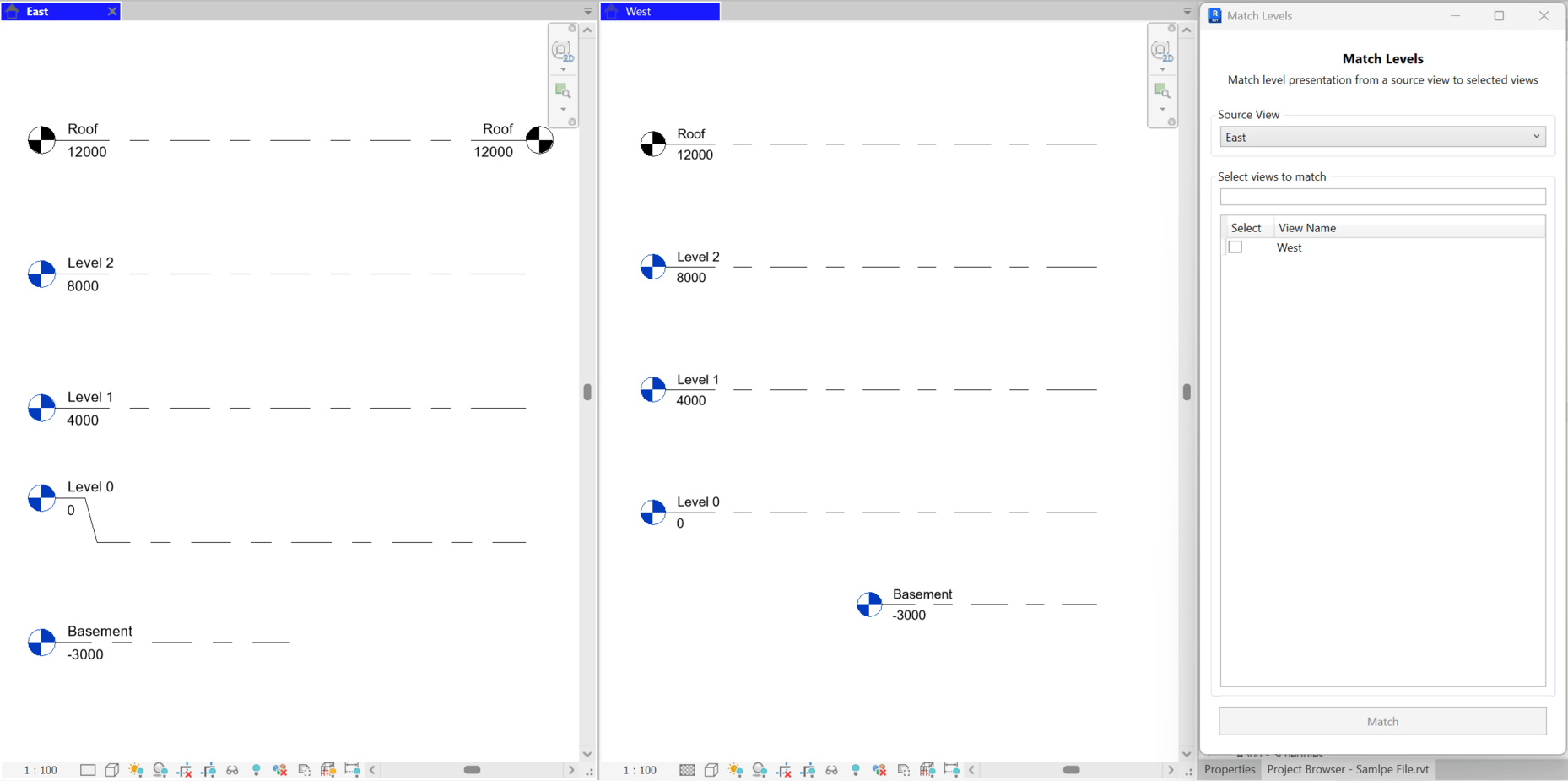 Match Levels dialog with a Source View dropdown and a checklist of target views; demonstrates copying level presentation