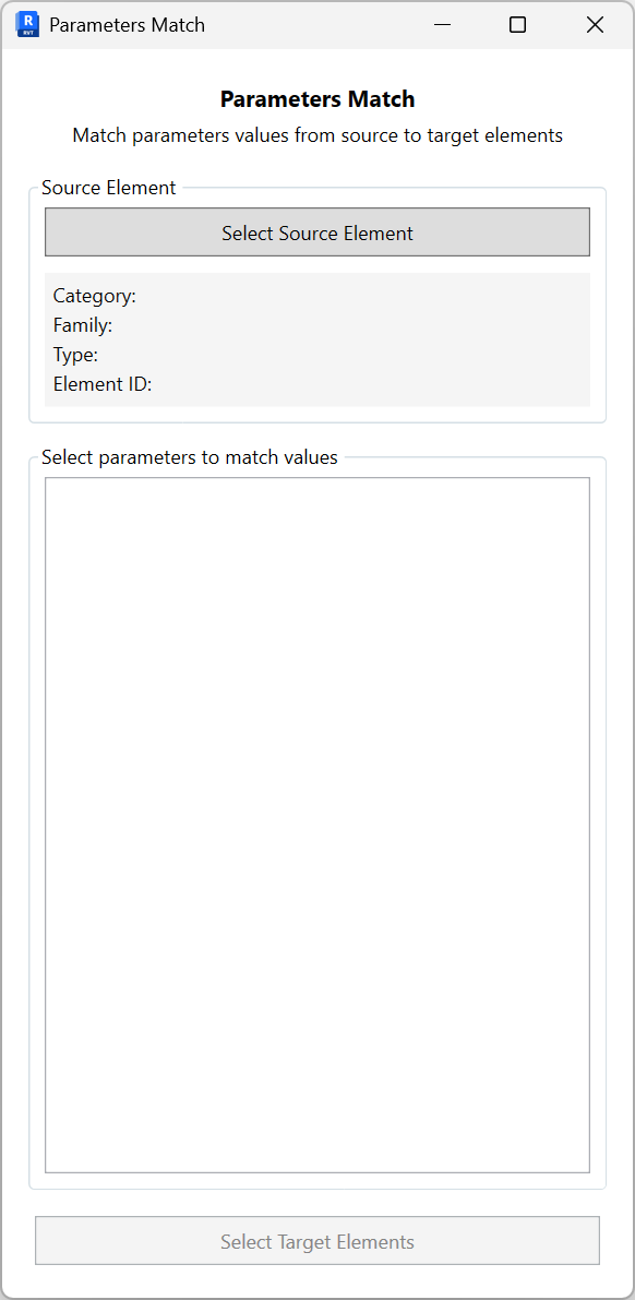 Parameters Match dialog showing Select Source Element, source info (Category, Family, Type, Element ID), a parameters list to choose from, and Select Target Elements action
