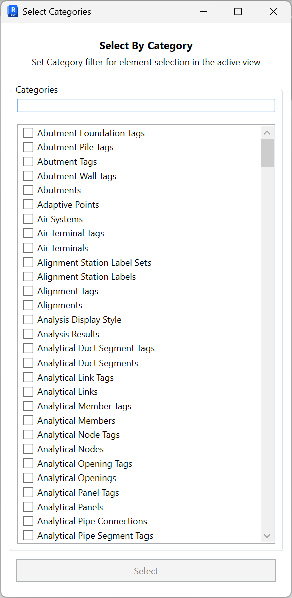 Select By Category dialog with a search box, a checklist of Revit categories, and a Select button