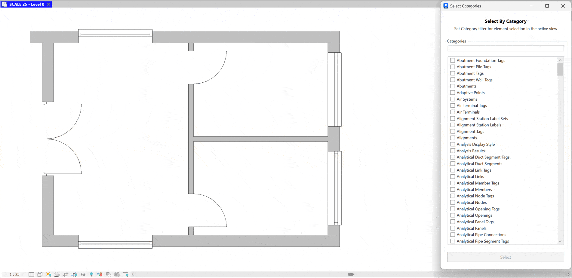 Select By Category dialog with a search box, a checklist of Revit categories, and a Select button