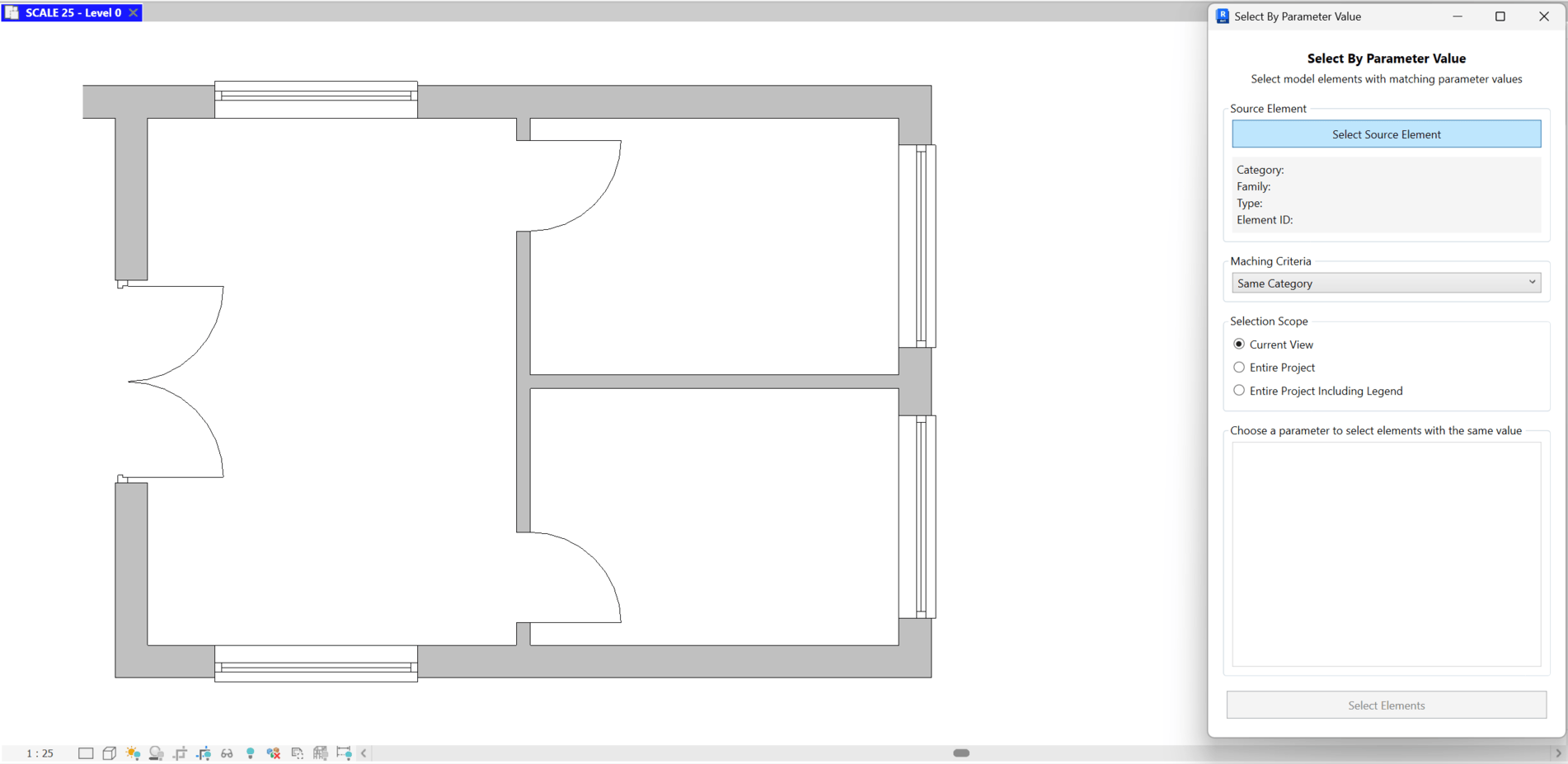 Select By Parameter Value dialog showing source element info, matching criteria, selection scope, grouped parameter list with values, and Select Elements button