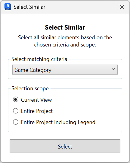 Select Similar dialog with matching criteria dropdown and selection scope options (Current View, Entire Project, Entire Project Including Legend), and a Select button
