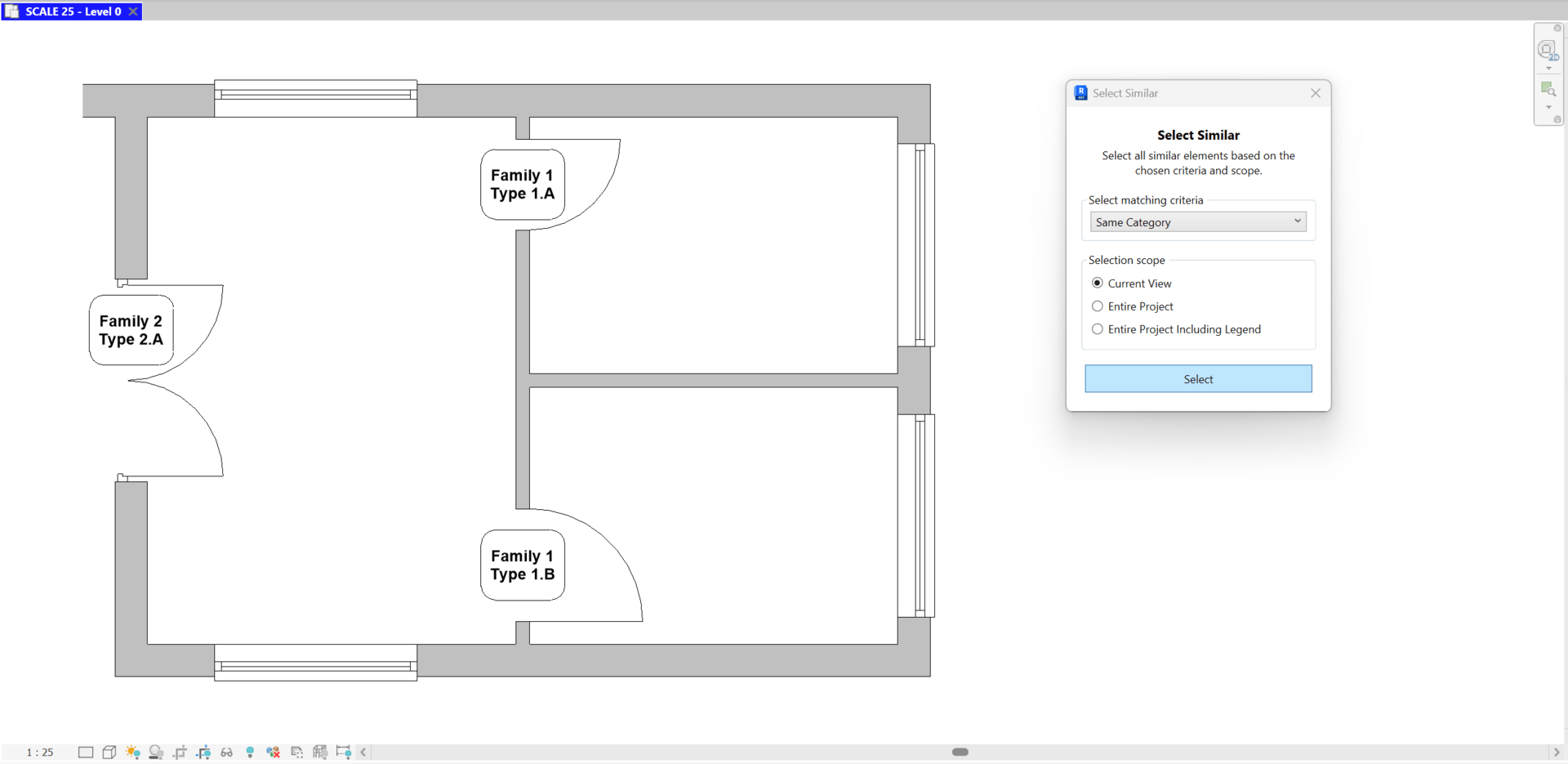 Select Similar dialog with matching criteria dropdown and selection scope options (Current View, Entire Project, Entire Project Including Legend), and a Select button