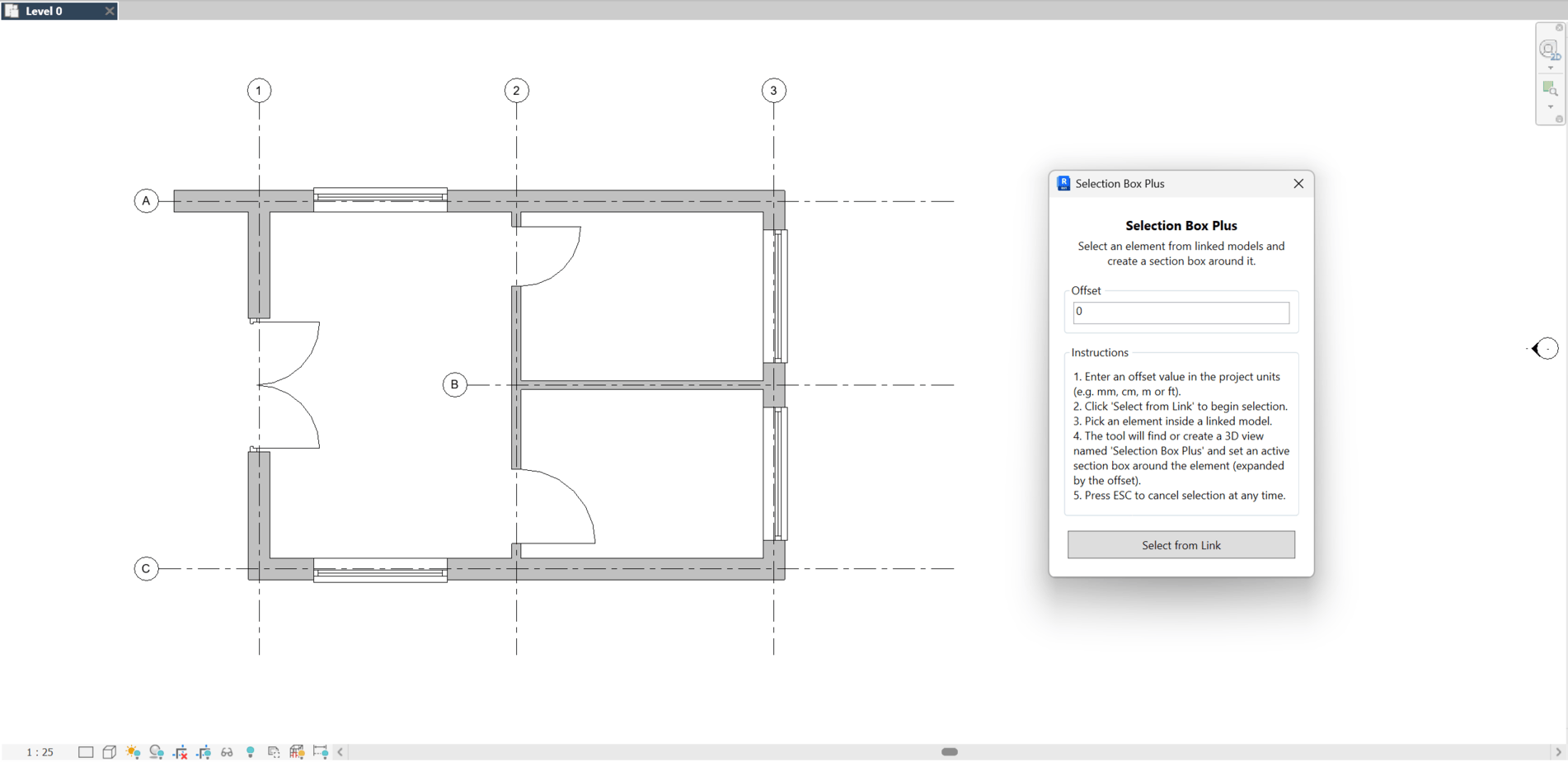 Selection Box Plus dialog with an Offset field, instructions and a Select from Link button