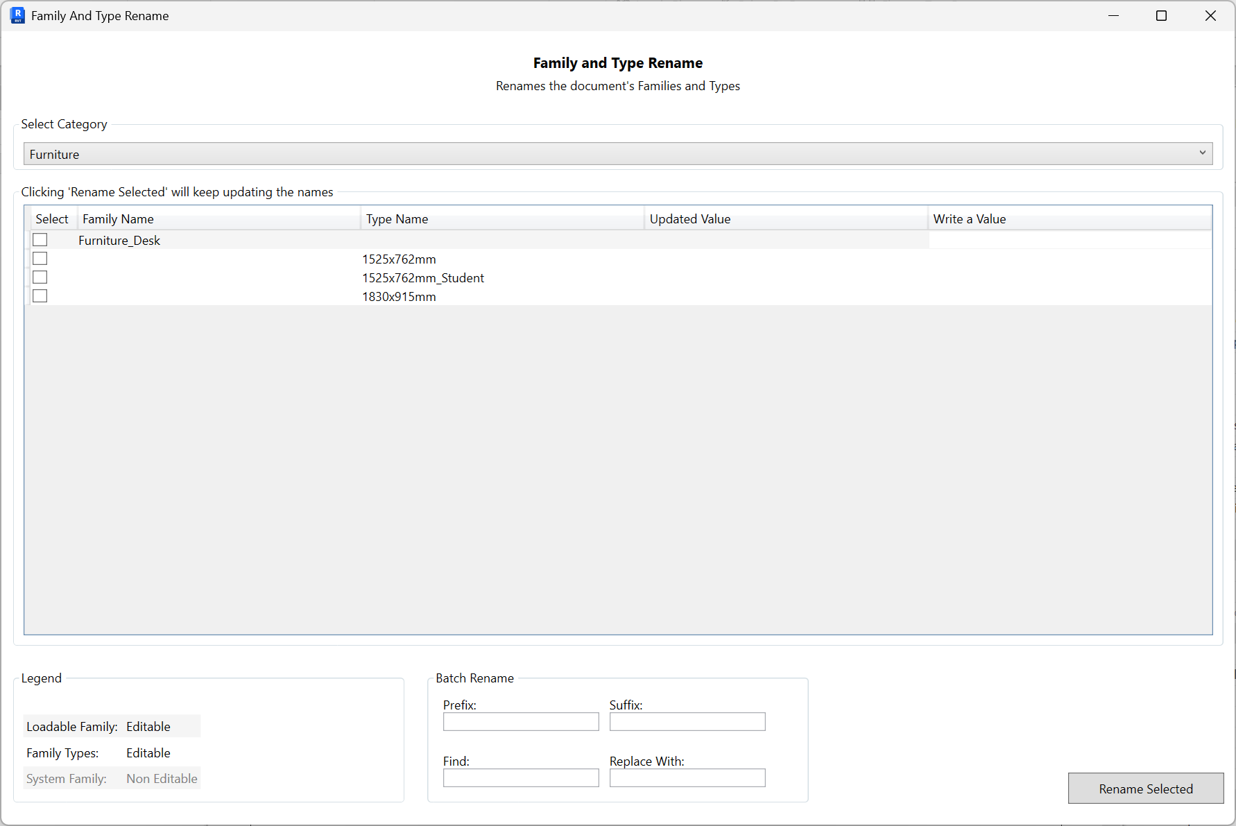 Category dropdown set to Furniture filtering the grid to Furniture_Desk types