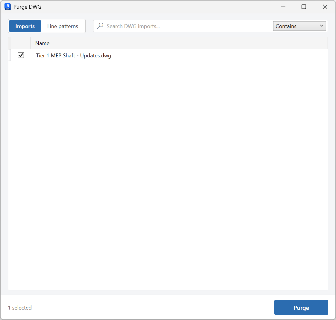 Purge DWG window on the Imports tab