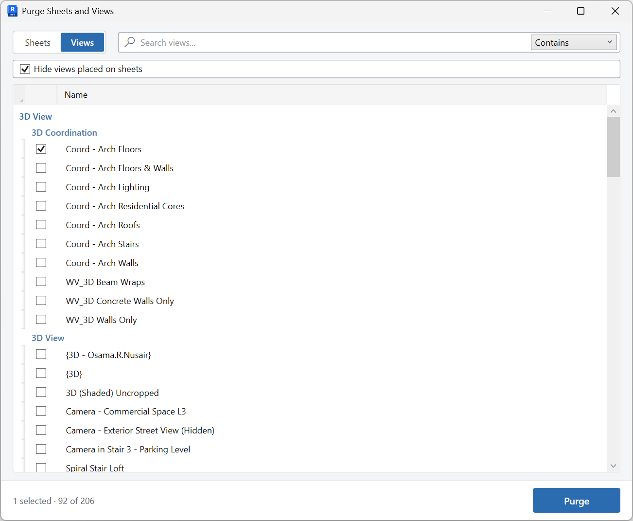 Purge Sheets and Views window on the Views tab