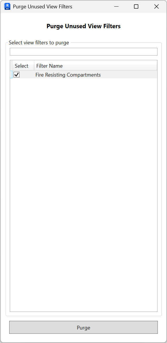 Purge Unused View Filters dialog with a search box, a checklist of unused filters, and a Purge button