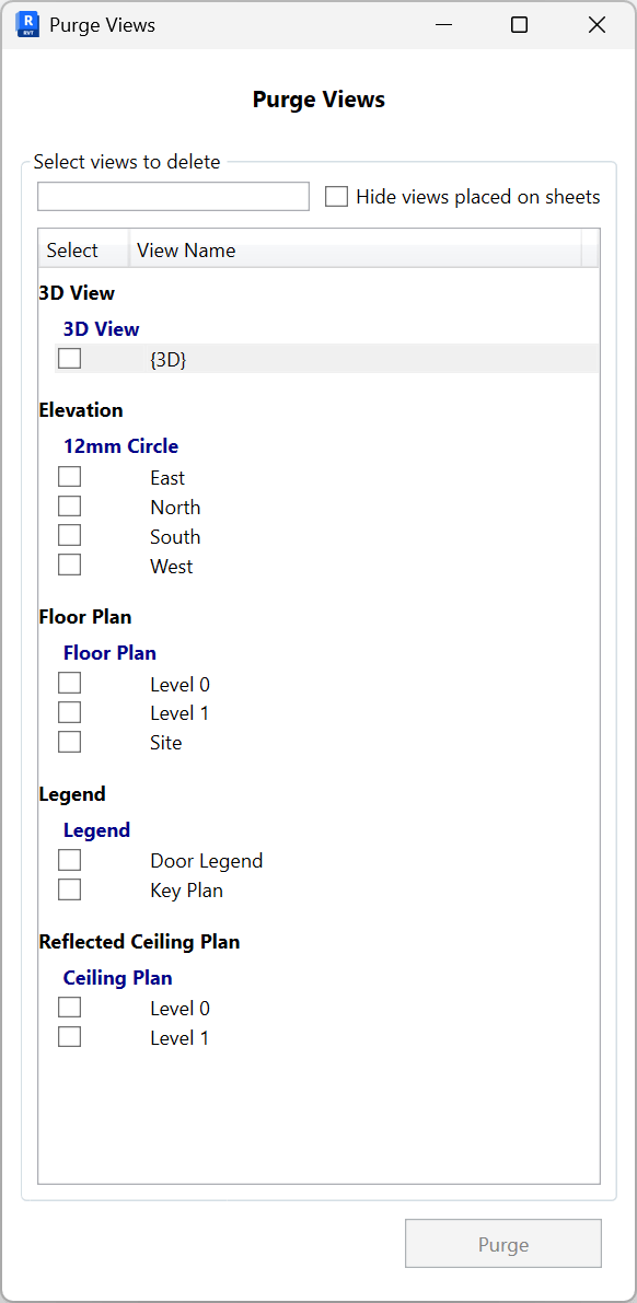 Purge Views with Hide views placed on sheets checked; grouped list showing Elevation and Legend views selected and Purge enabled