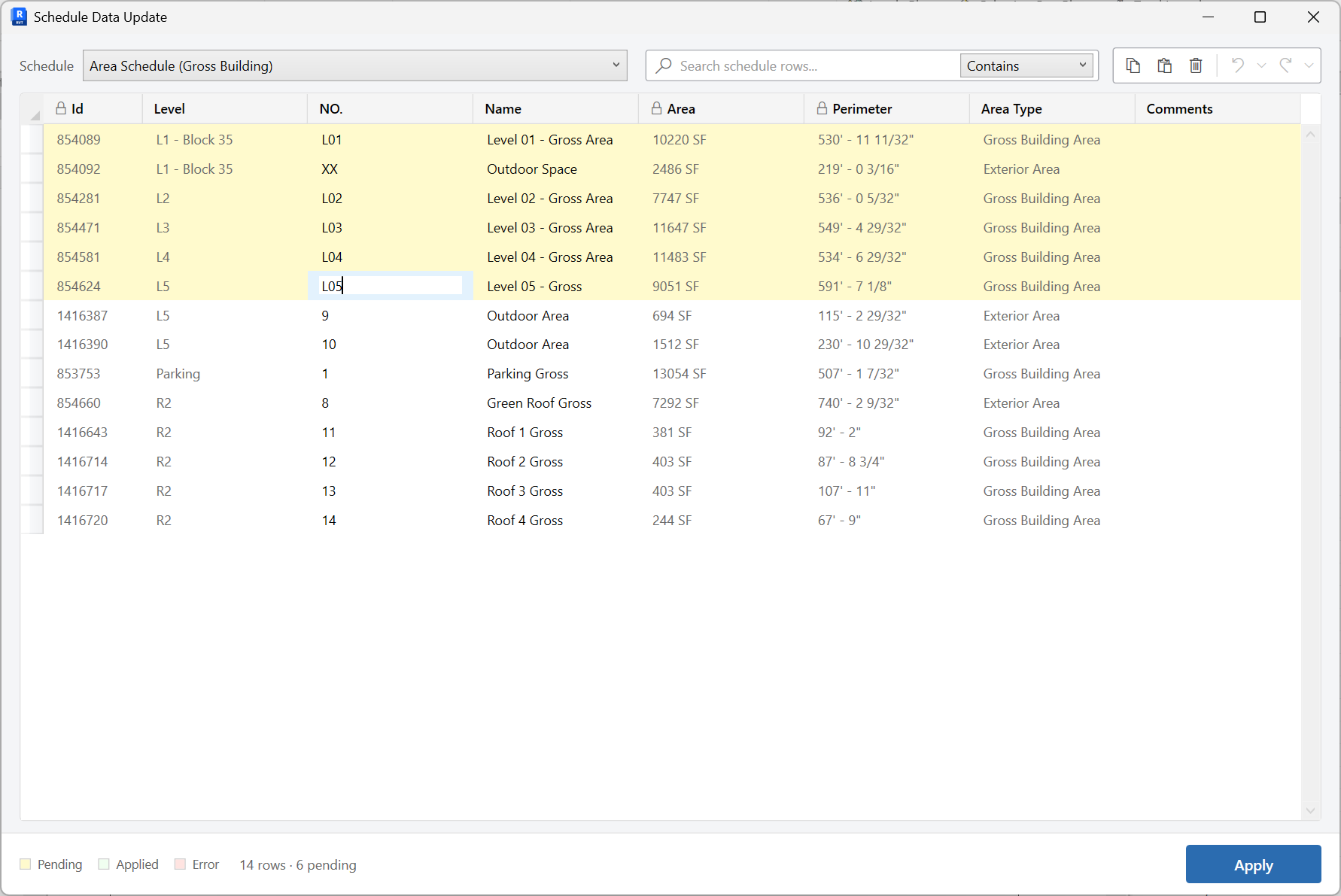 Schedule Data Update grid with an open Revit schedule