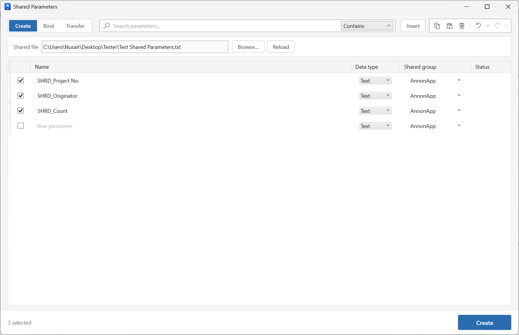 Shared Parameters window on the Create tab