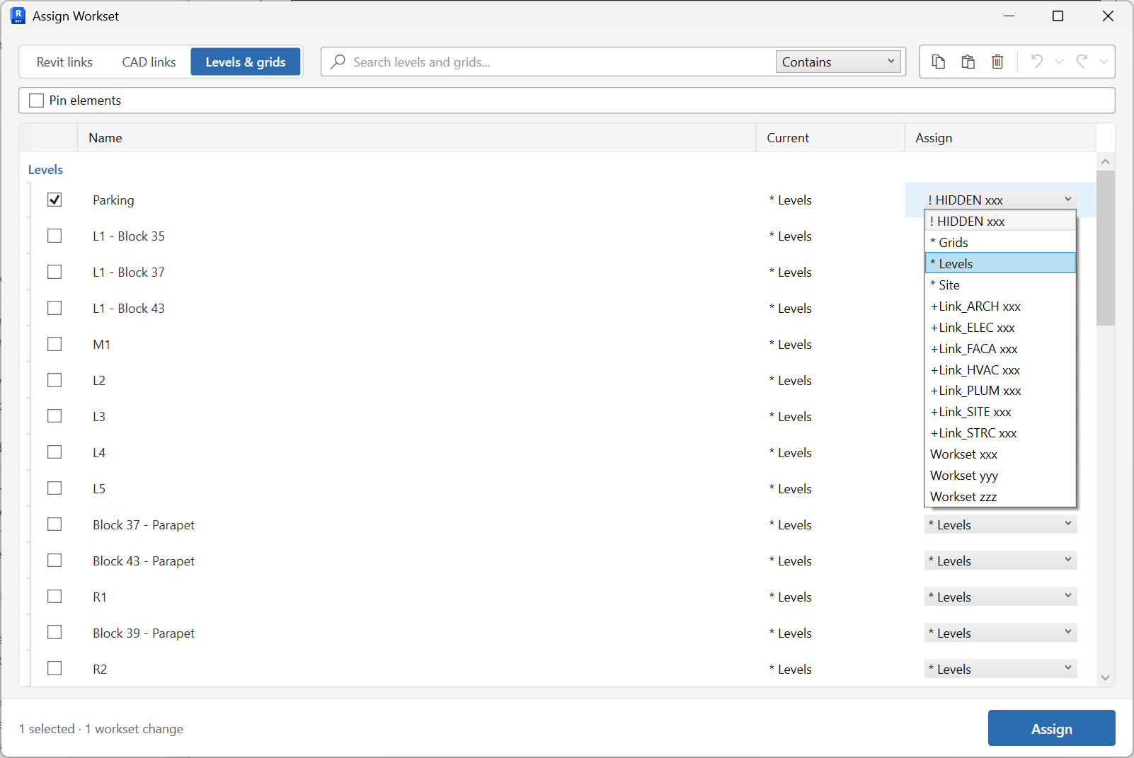 Assign Worksets window on the Levels and grids tab