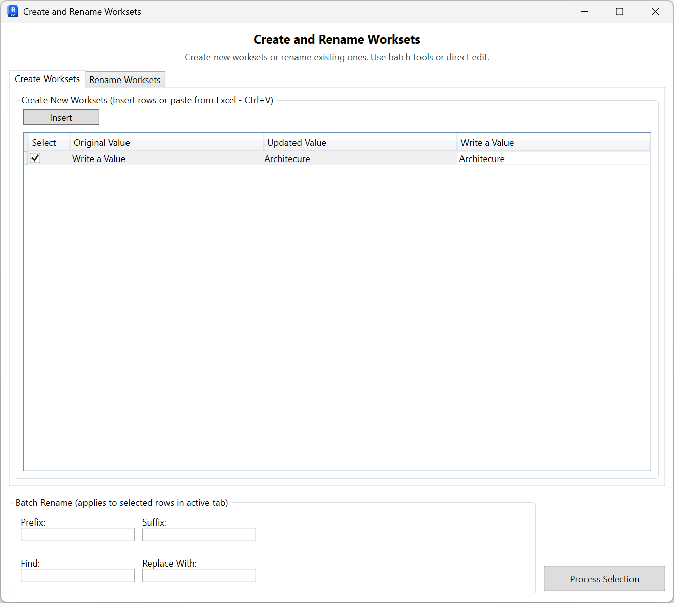 Create Worksets tab right after Insert showing an empty row ready for a new workset name
