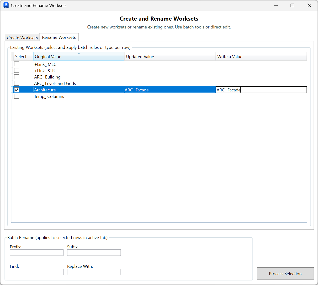 Rename Worksets tab listing Original Value, Updated Value, and Write a Value columns with Batch Rename controls and Process Selection