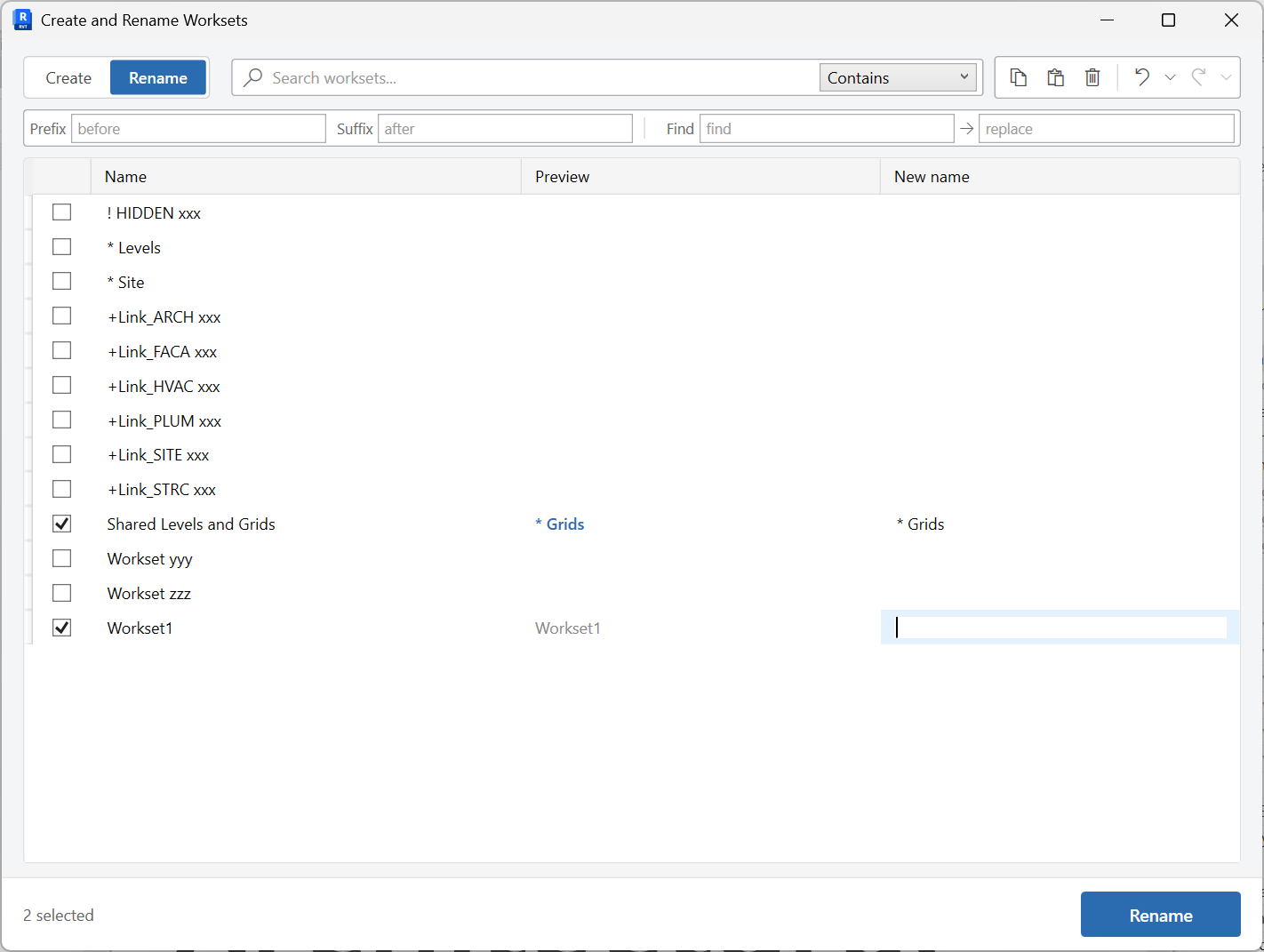 Create Worksets grid in Rename mode