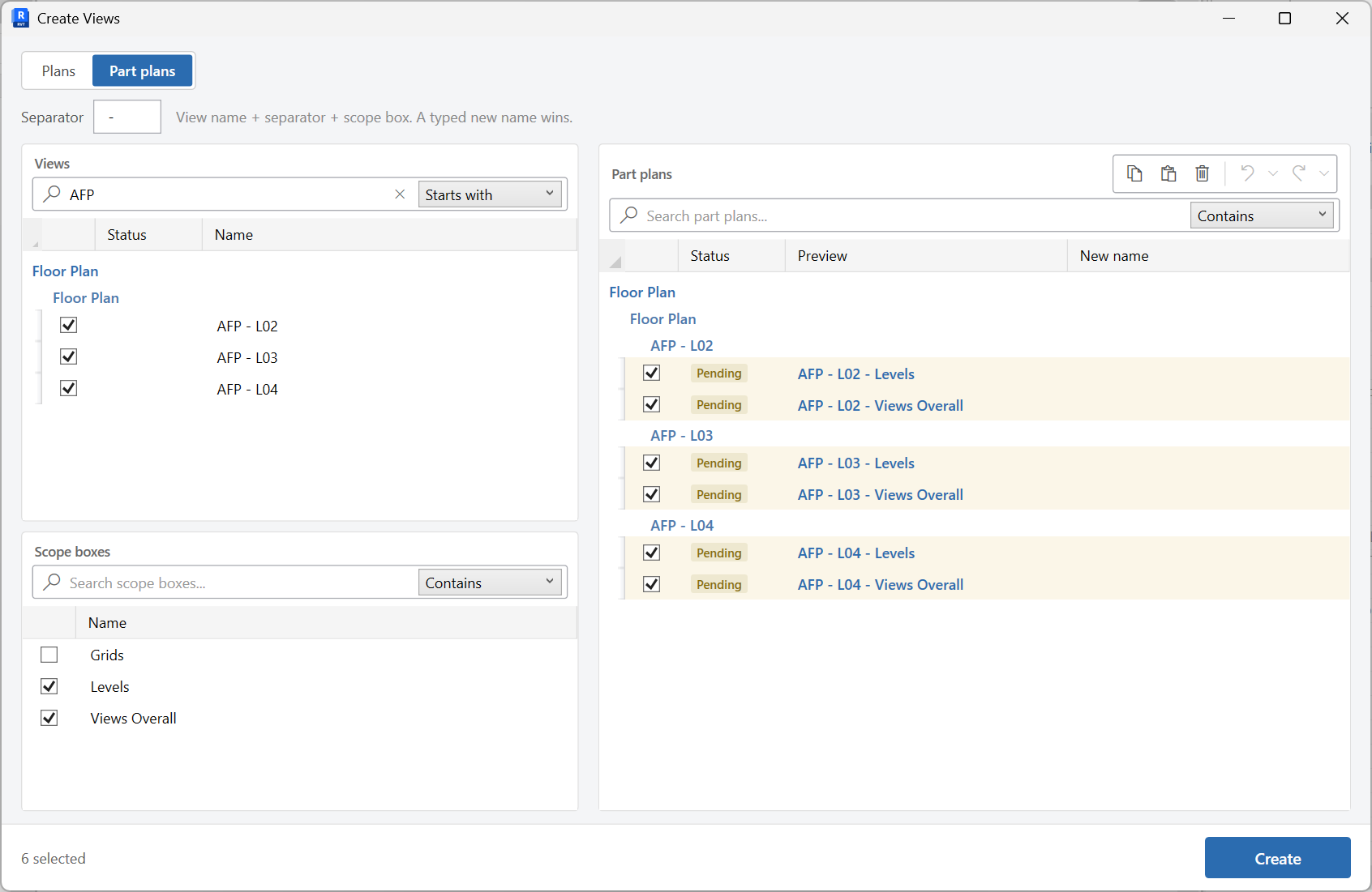 Create Views window in Part plans mode