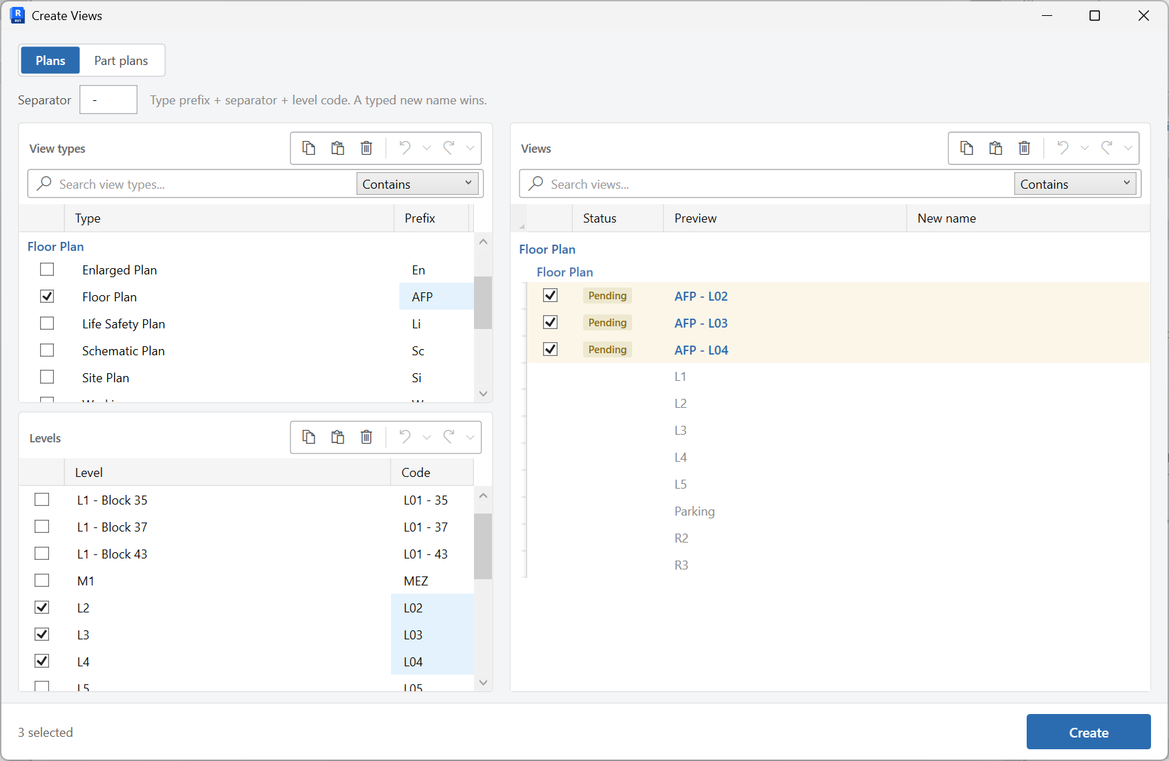 Create Views window in Plans mode