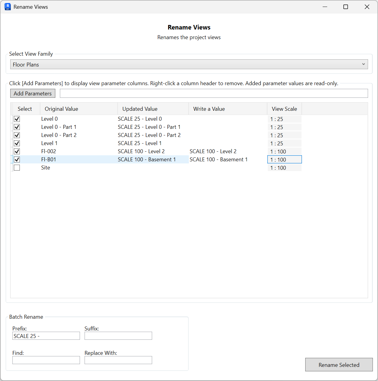 Rename Views page with View Family dropdown, Add Parameters button, grid showing Original Value, Updated Value, Write a Value and View Scale columns, Batch Rename fields (Prefix, Suffix, Find, Replace With), and a Rename Selected button