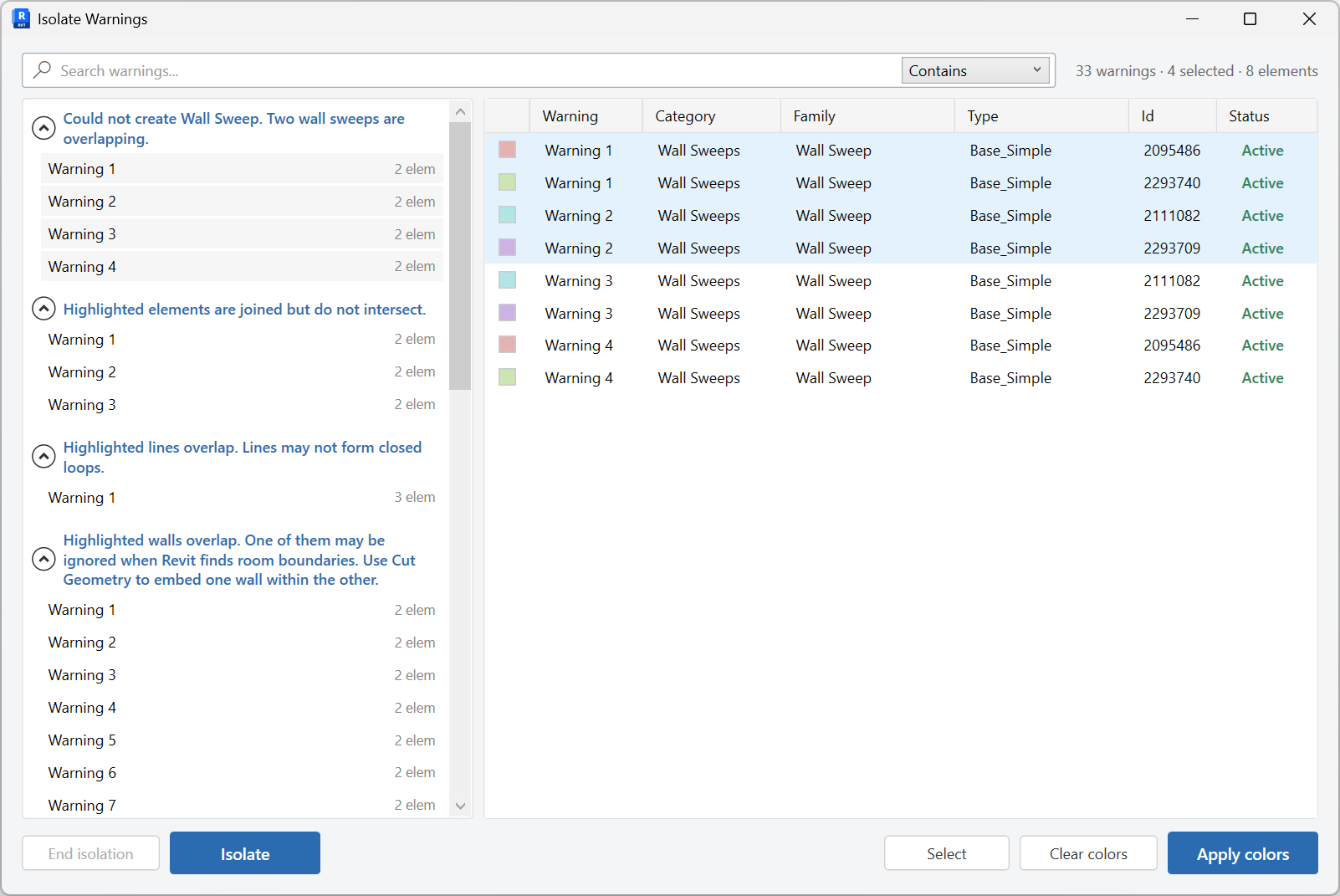 Isolate Warnings two-pane inspector with warning types and elements