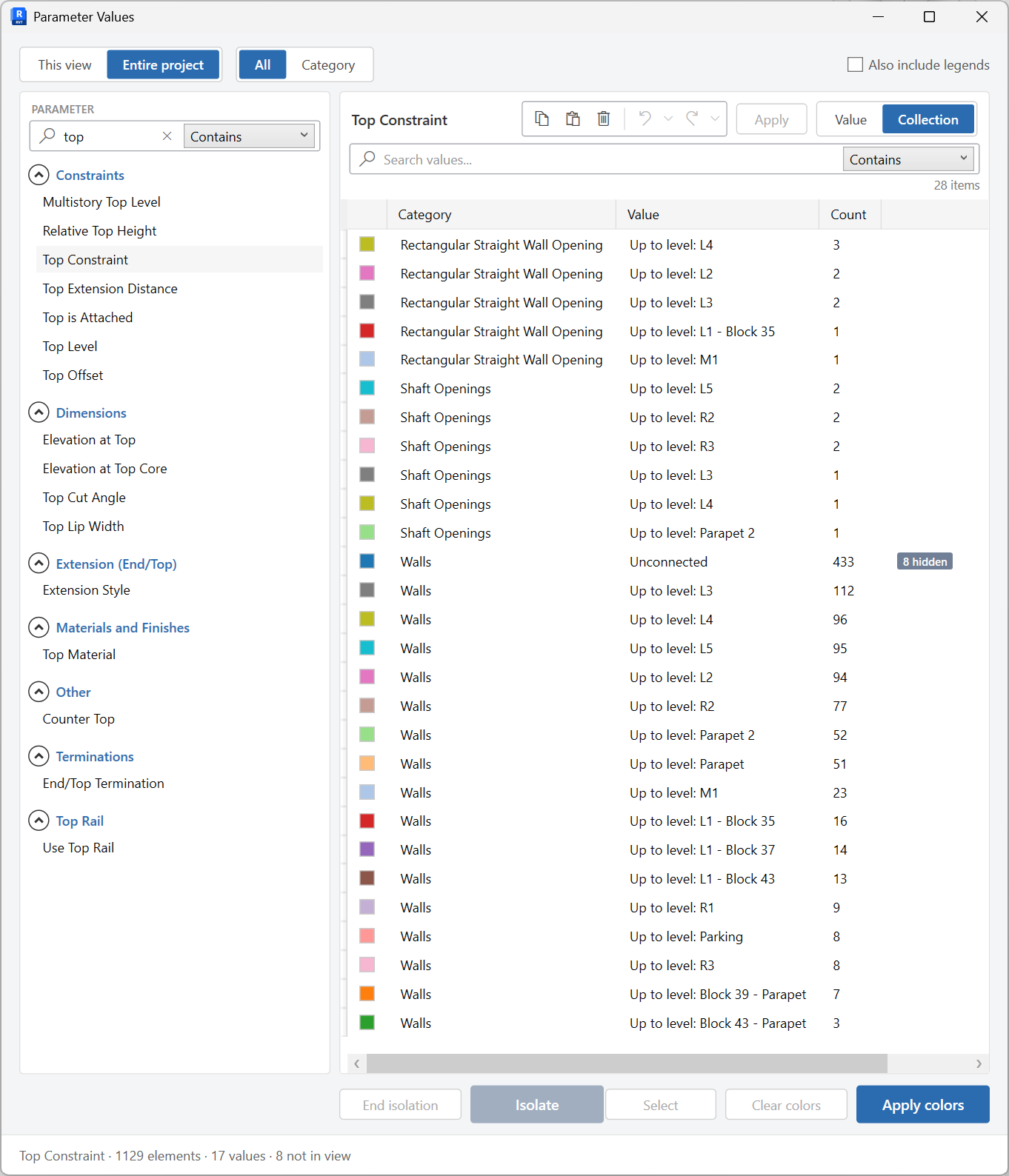 Parameter Values window showing the values grid and actions